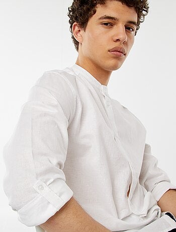 Camicia tinta unita con collo alla coreana e maniche arrotolabili