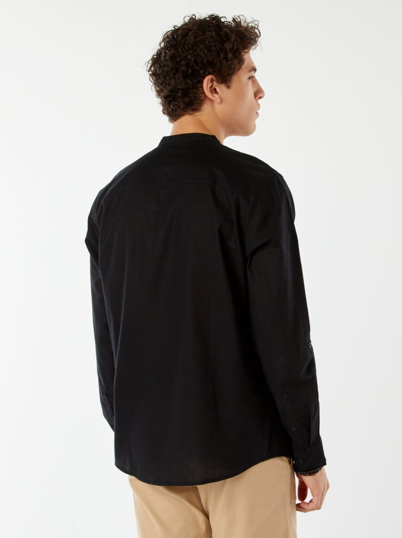 Camicia tinta unita con collo alla coreana e maniche arrotolabili nero - Kiabi
