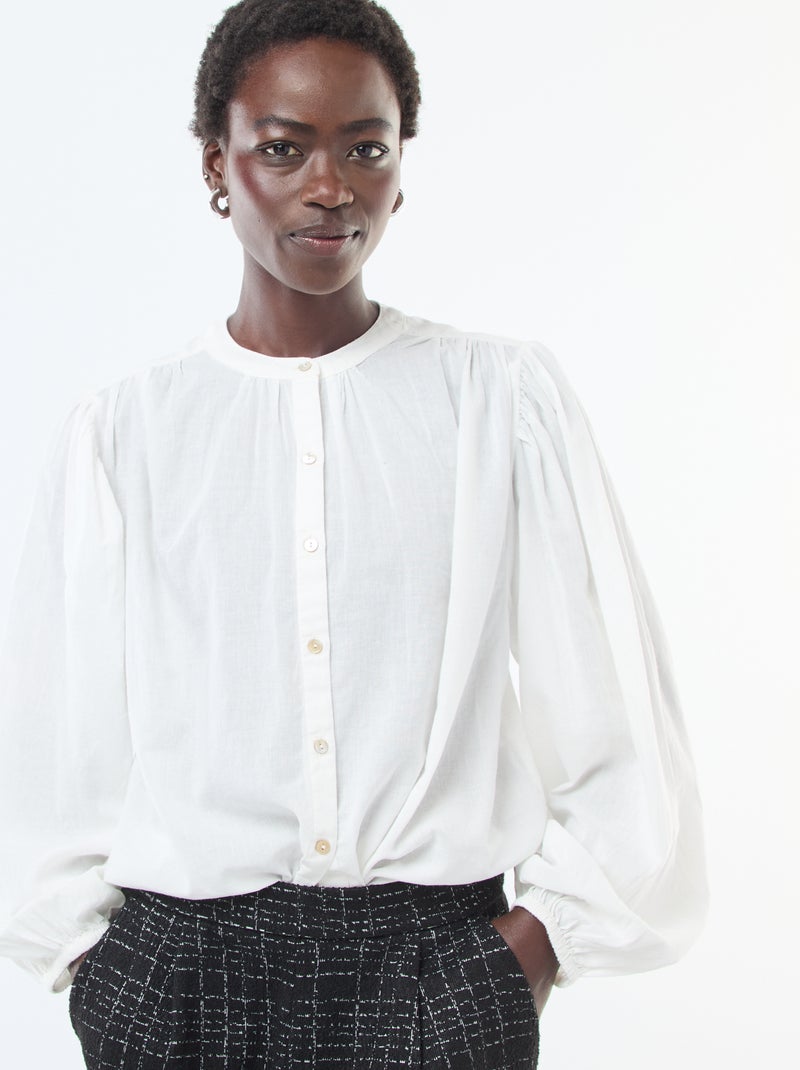 Camicia tinta unita con maniche lunghe a sbuffo Bianco Donna