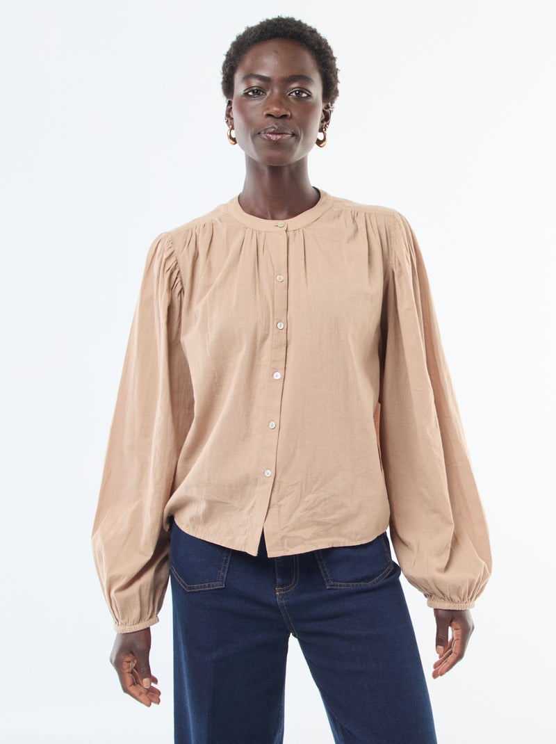 Camicia tinta unita con maniche lunghe a sbuffo Marrone - Kiabi