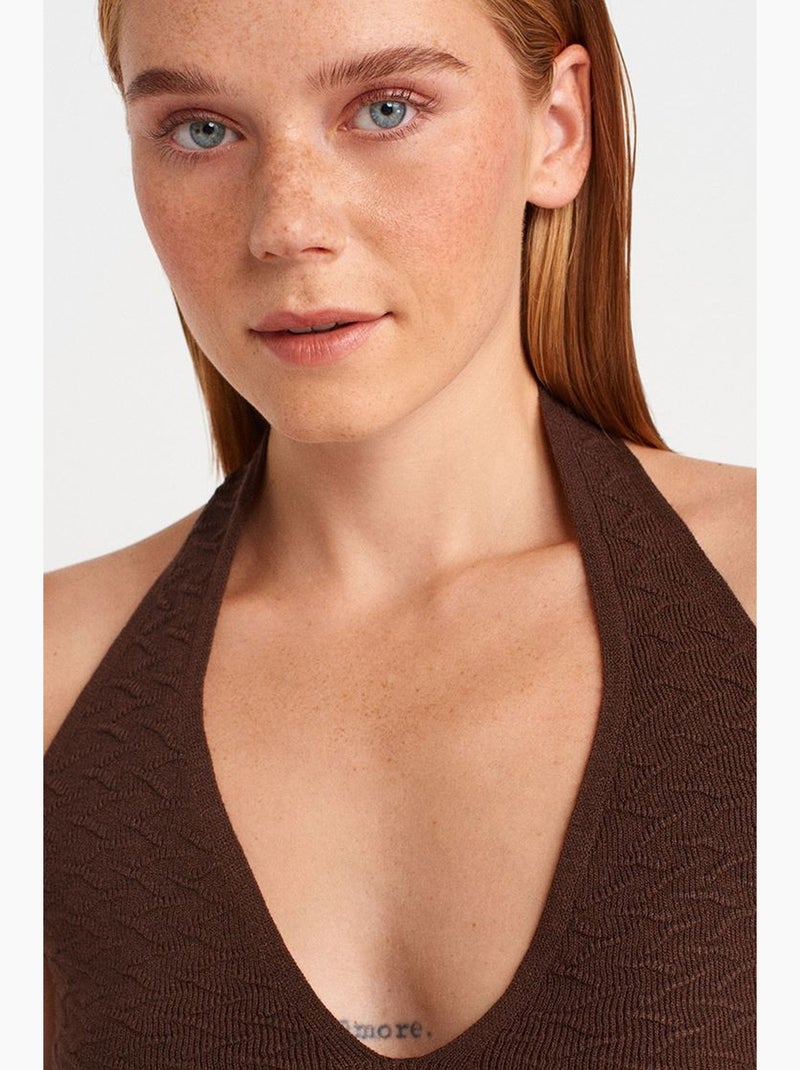 Canotta a costine collo all’americana in maglia dilvin Marrone cioccolato - Kiabi
