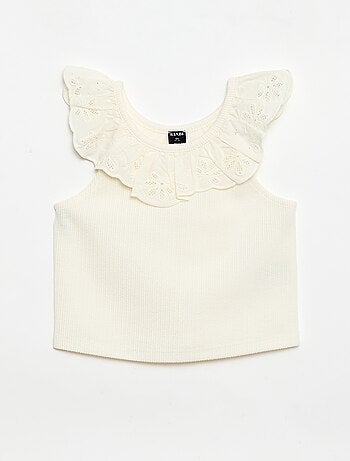 Canotta a costine con collo ricamato