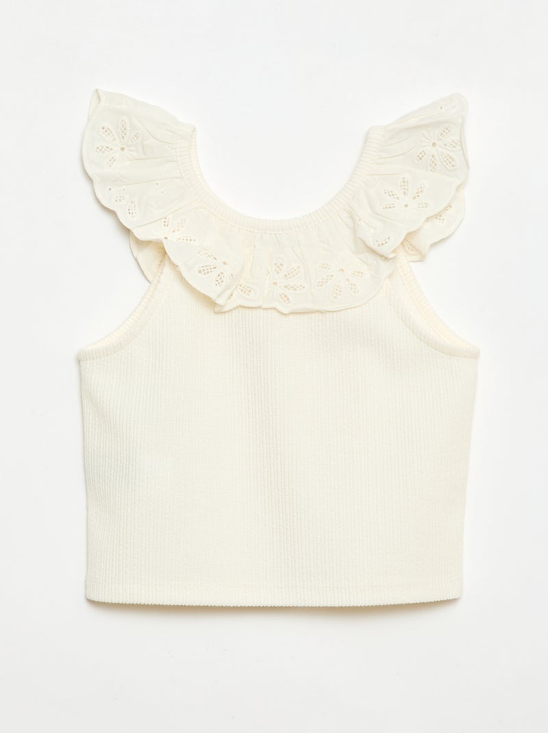 Canotta a costine con collo ricamato Beige - Kiabi