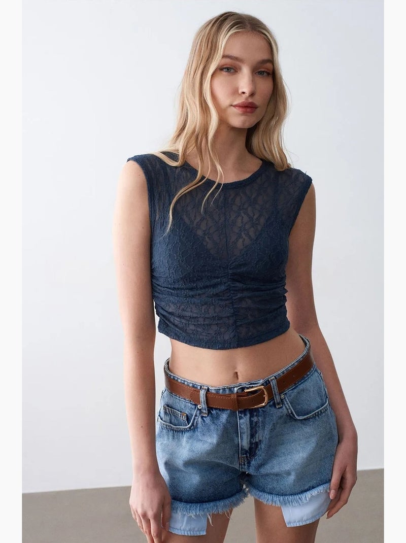 Canotta a costine con pizzo dilvin Blu marino - Kiabi
