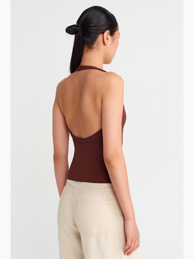 Canotta collo all’americana con dettagli cut-out in jersey dilvin Marrone - Kiabi