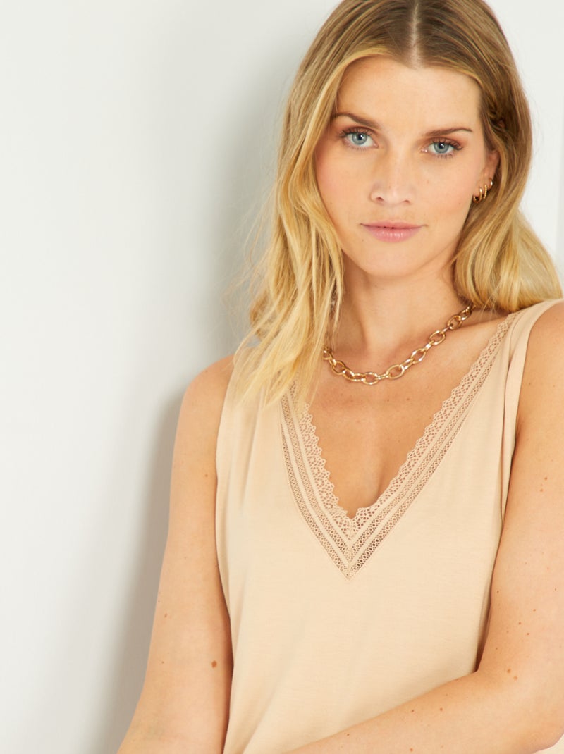 Canotta stretch con pizzo BEIGE - Kiabi