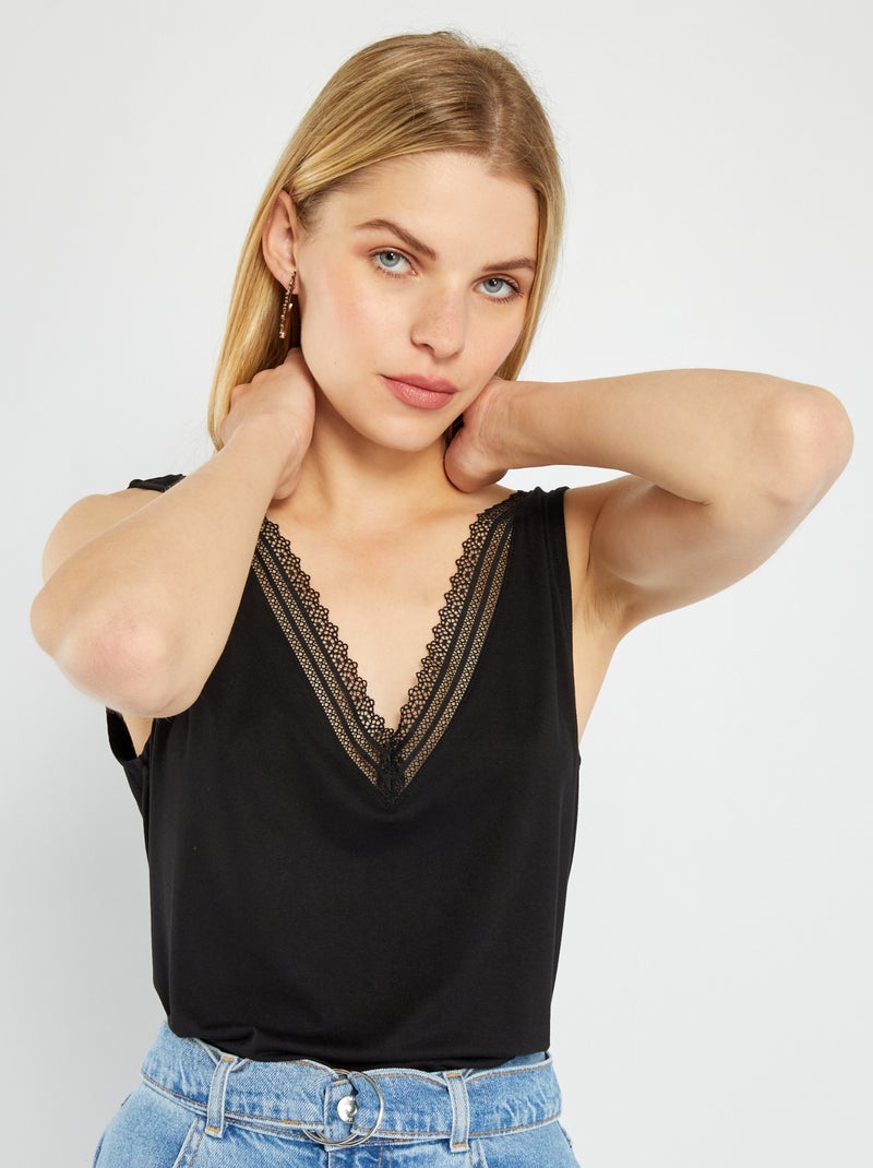 Canotta stretch con pizzo Nero - Kiabi