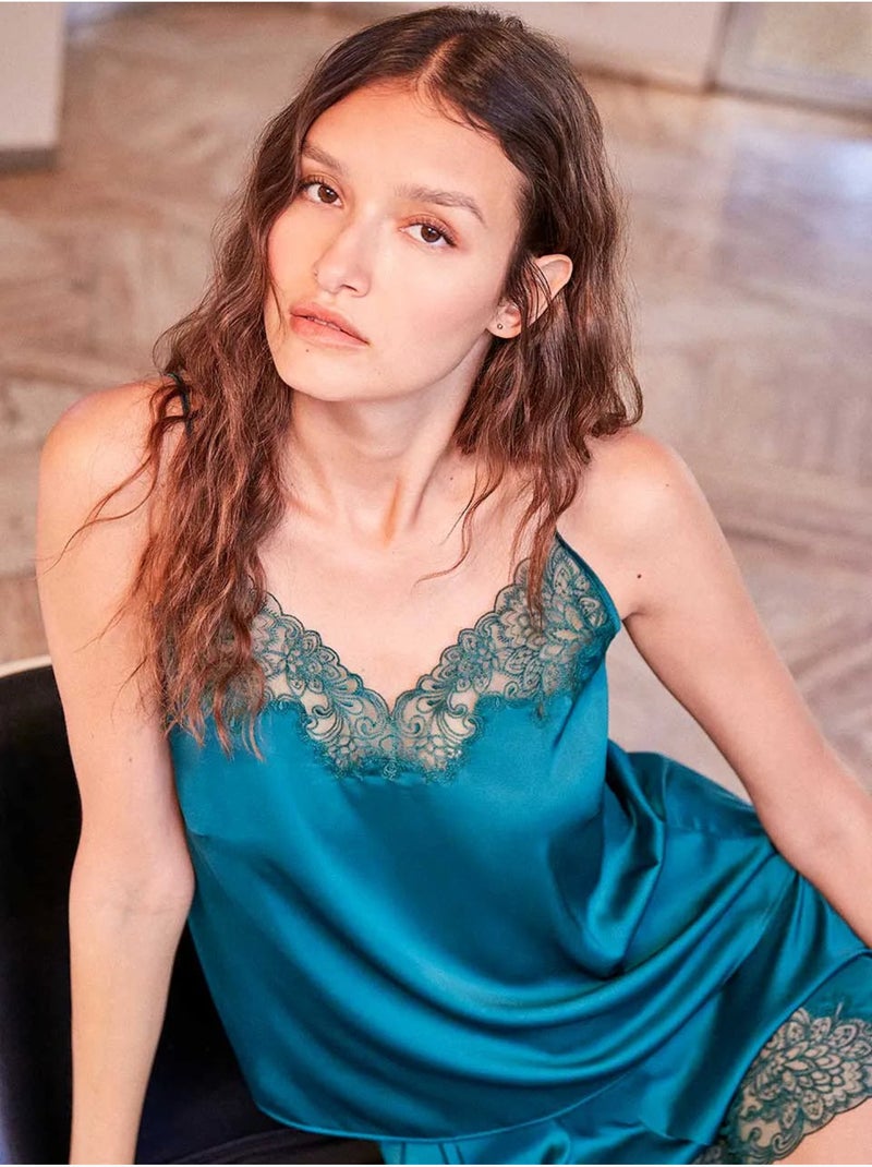 Canottiera sottoveste con spalline sottili e ricami in pizzo Blu Verde - Kiabi