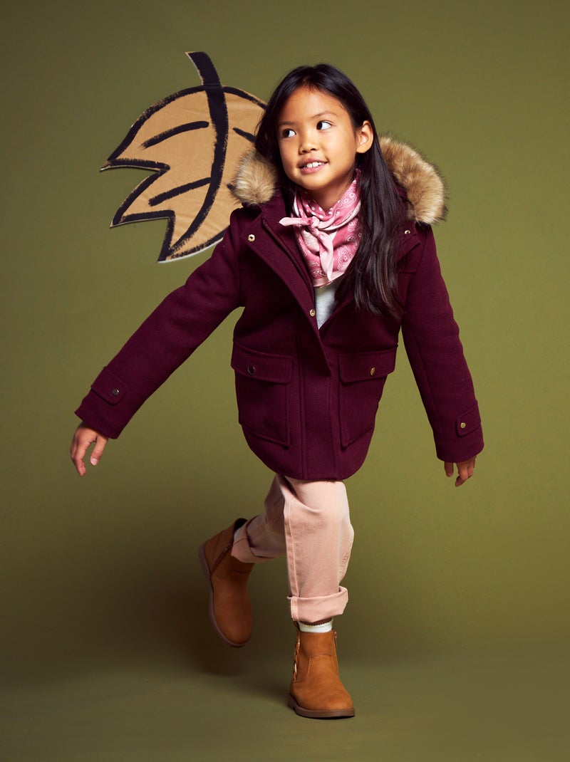 Cappotto aspetto lana con cappuccio bordeaux scuro - Kiabi