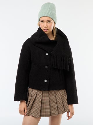 Cappotto corto in finto tessuto effetto lana con sciarpa removibile