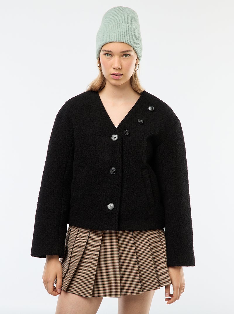 Cappotto corto in finto tessuto effetto lana con sciarpa removibile Nero - Kiabi