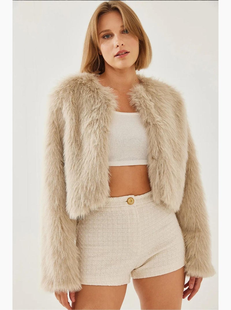 Cappotto crop boxy in pelliccia sintetica lucci Beige argilla - Kiabi