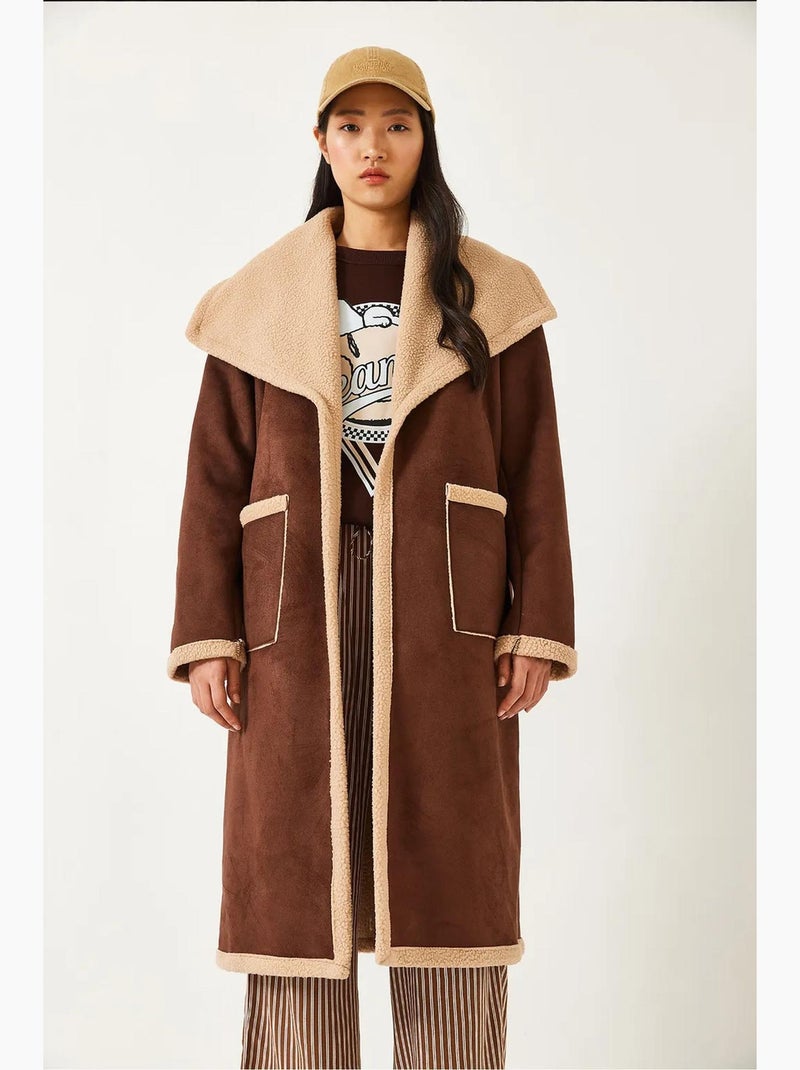 Cappotto foderato in pelle scamosciata con doppia tasca lucci Marrone cioccolato - Kiabi