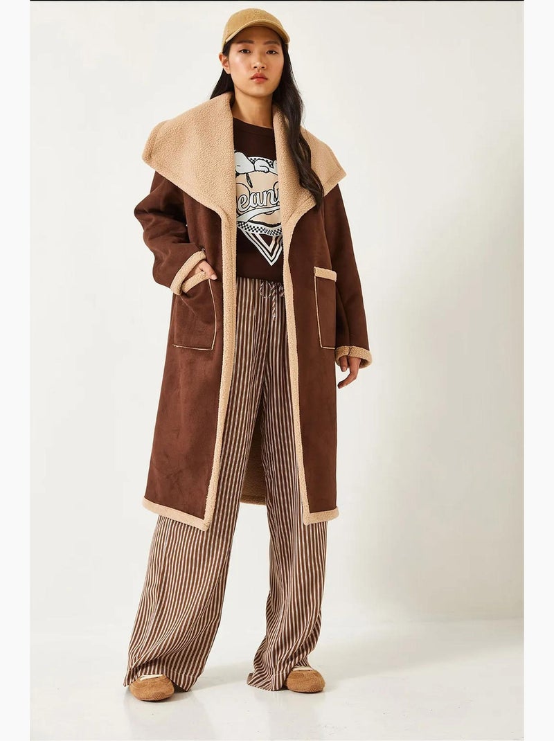 Cappotto foderato in pelle scamosciata con doppia tasca lucci Marrone cioccolato - Kiabi