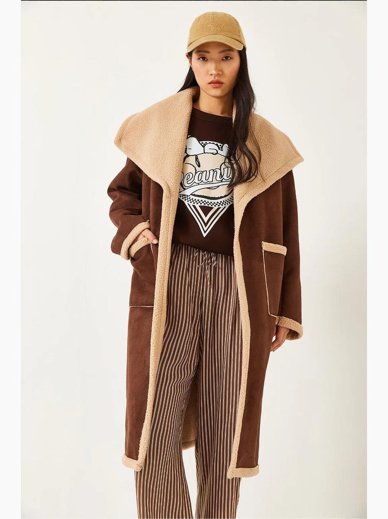 Cappotto foderato in pelle scamosciata con doppia tasca lucci Marrone cioccolato - Kiabi