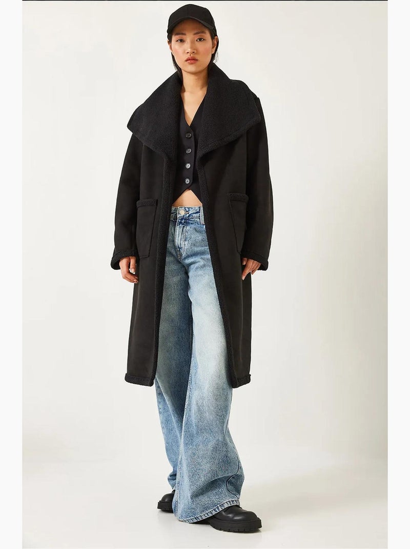 Cappotto foderato in pelle scamosciata con doppia tasca lucci Nero - Kiabi