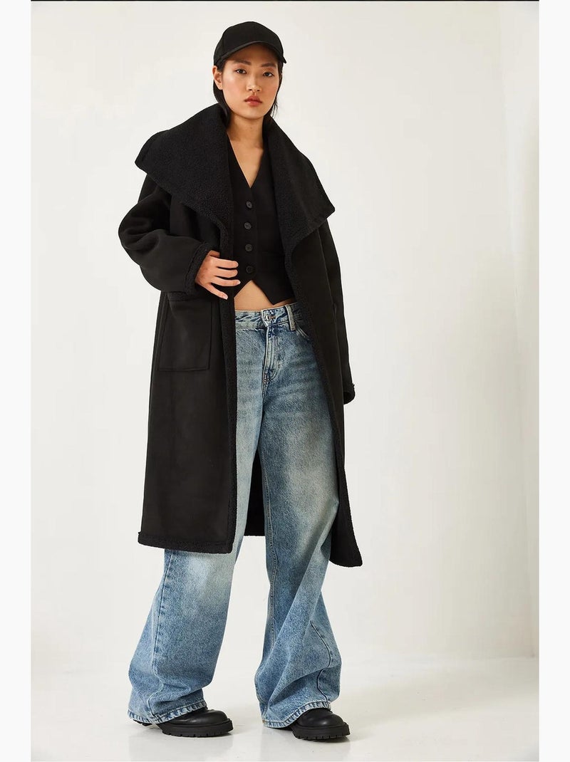 Cappotto foderato in pelle scamosciata con doppia tasca lucci Nero - Kiabi