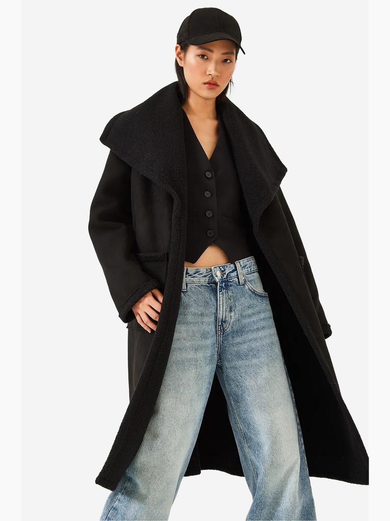 Cappotto foderato in pelle scamosciata con doppia tasca lucci Nero - Kiabi