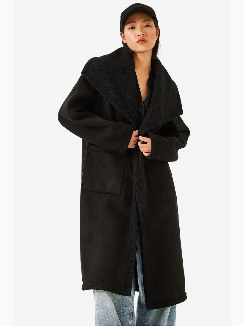 Cappotto foderato in pelle scamosciata con doppia tasca lucci Nero - Kiabi