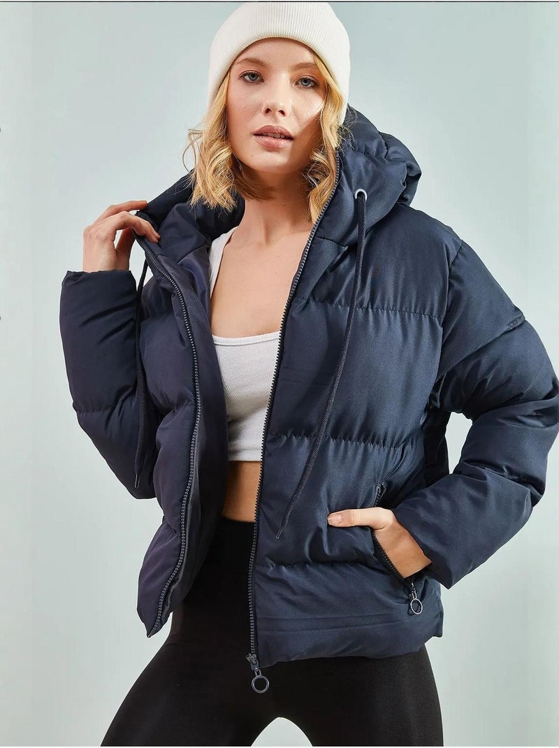 Cappotto imbottito con cappuccio lucci Blu marino - Kiabi