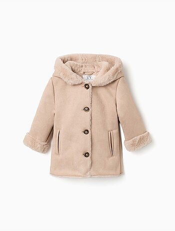 Cappotto in suedette con cappuccio e fodera in pelliccia sintetica