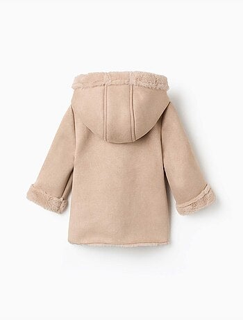 Cappotto in suedette con cappuccio e fodera in pelliccia sintetica