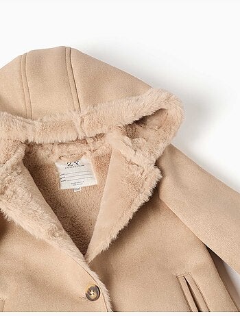 Cappotto in suedette con cappuccio e fodera in pelliccia sintetica