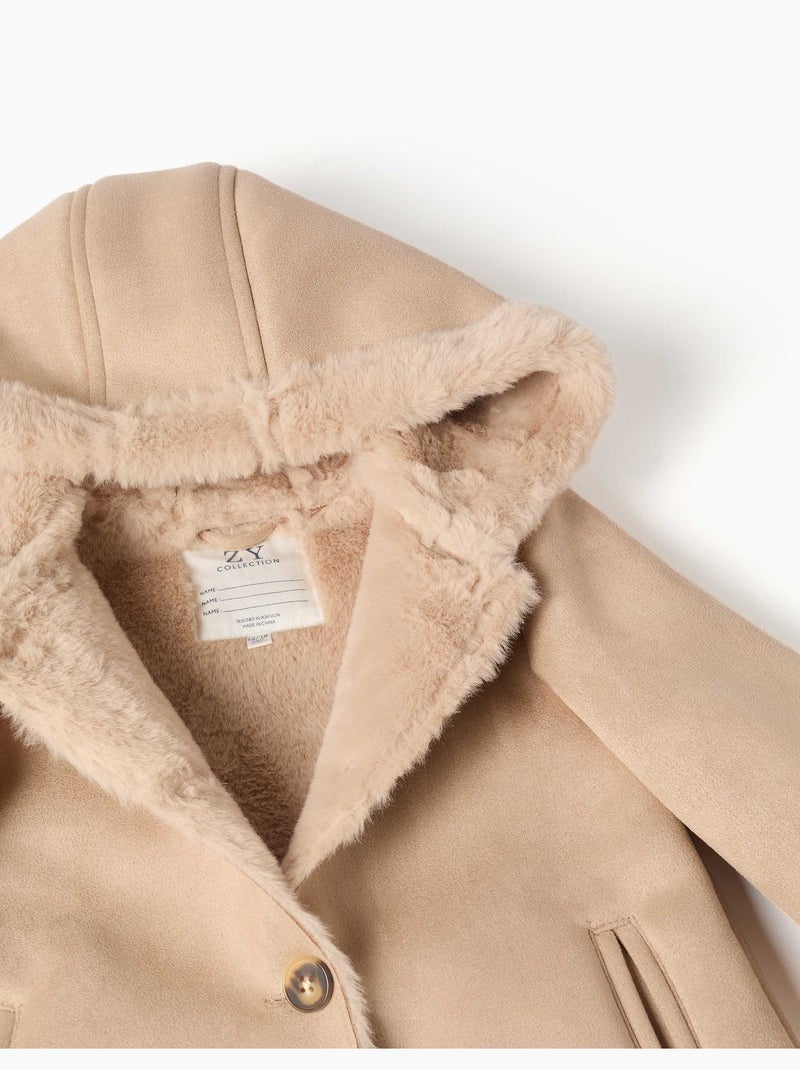 Cappotto in suedette con cappuccio e fodera in pelliccia sintetica Beige chiaro - Kiabi