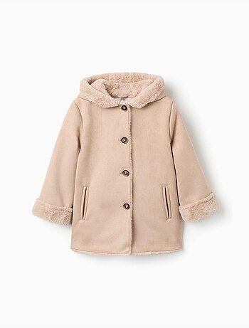 Cappotto in suedette con cappuccio e fodera in pelliccia sintetica