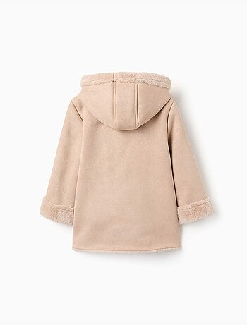 Cappotto in suedette con cappuccio e fodera in pelliccia sintetica