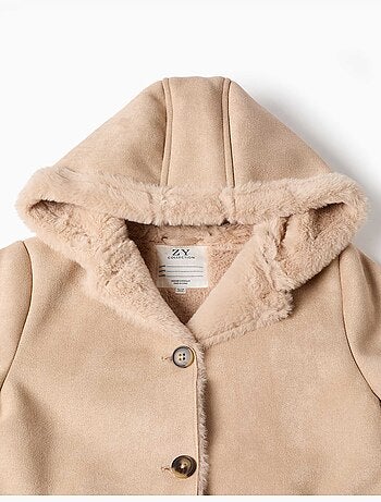Cappotto in suedette con cappuccio e fodera in pelliccia sintetica