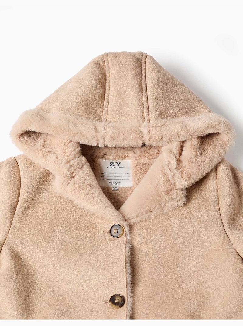 Cappotto in suedette con cappuccio e fodera in pelliccia sintetica Beige chiaro - Kiabi