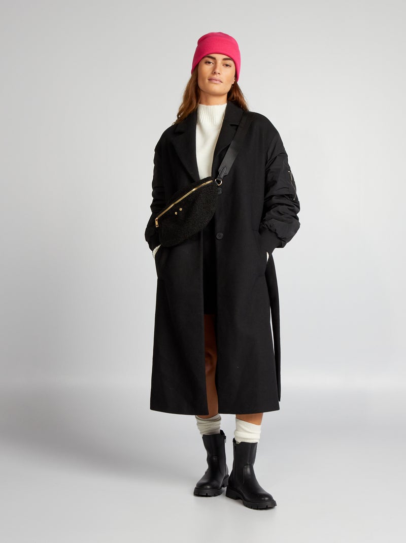 Cappotto lungo bimateriale nero - Kiabi