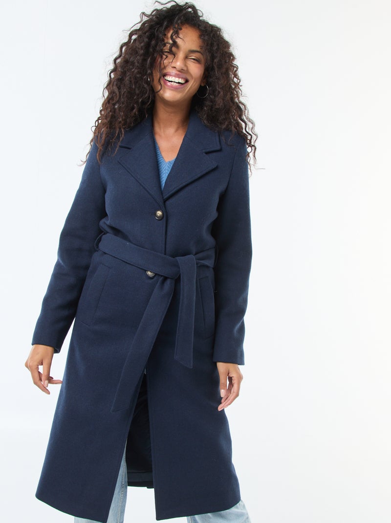 Cappotto lungo effetto lana con cintura Blu - Kiabi