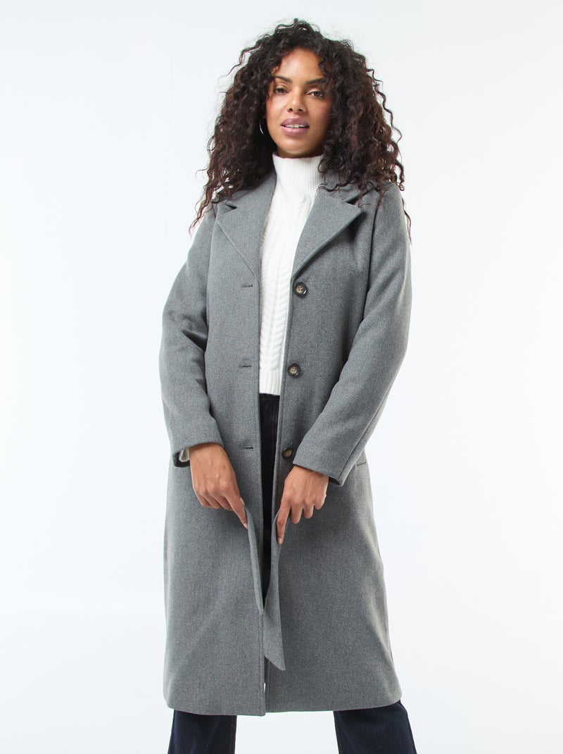 Cappotto lungo effetto lana con cintura Grigio Donna