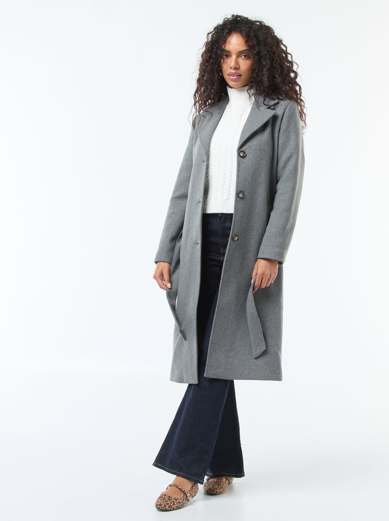 Cappotto lungo effetto lana con cintura Grigio - Kiabi