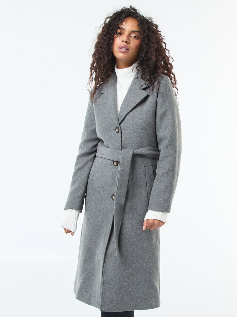 Cappotto lungo effetto lana con cintura Grigio - Kiabi