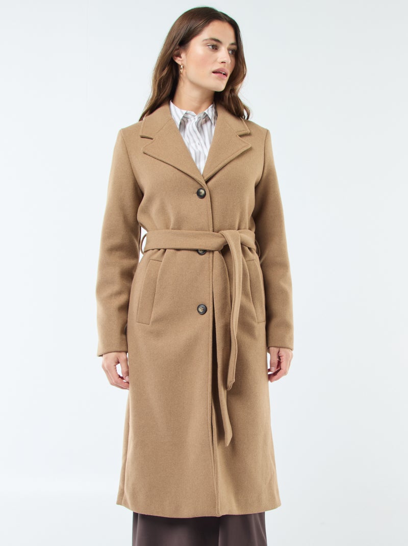 Cappotto lungo effetto lana con cintura Marrone - Kiabi