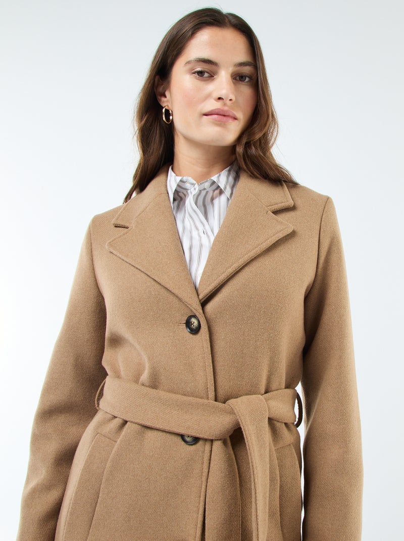 Cappotto lungo effetto lana con cintura Marrone - Kiabi