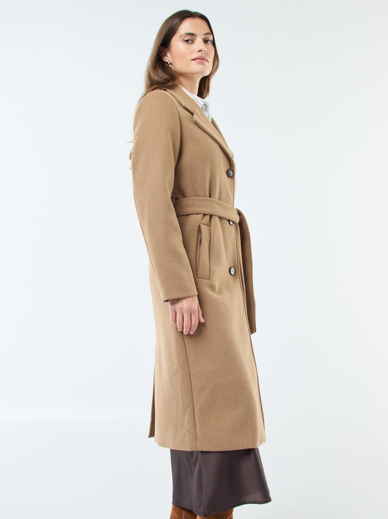 Cappotto lungo effetto lana con cintura Marrone - Kiabi