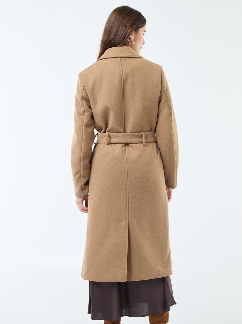 Cappotto lungo effetto lana con cintura Marrone - Kiabi