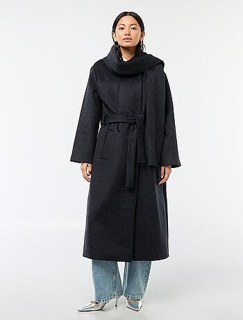 Cappotto lungo effetto lana con collo rotondo e sciarpa cucita
