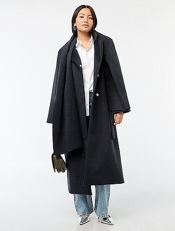 Cappotto lungo effetto lana con collo rotondo e sciarpa cucita