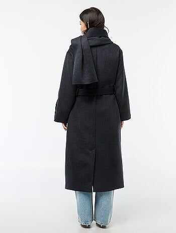 Cappotto lungo effetto lana con collo rotondo e sciarpa cucita