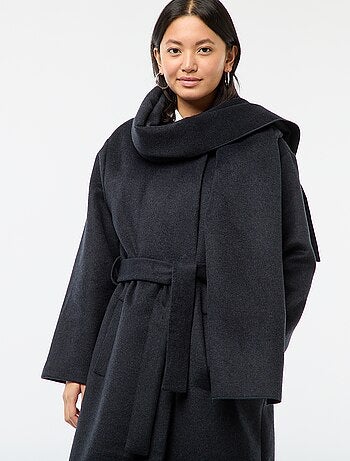 Cappotto lungo effetto lana con collo rotondo e sciarpa cucita