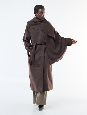 Cappotto lungo effetto lana con collo rotondo e sciarpa cucita