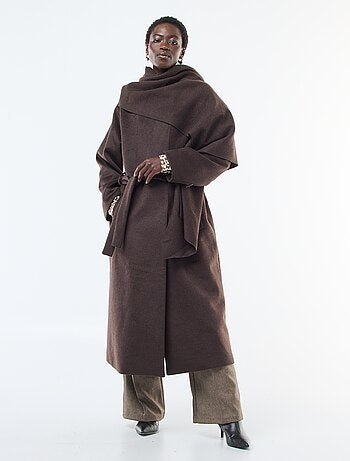 Cappotto lungo effetto lana con collo rotondo e sciarpa cucita