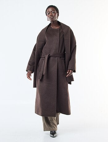 Cappotto lungo effetto lana con collo rotondo e sciarpa cucita