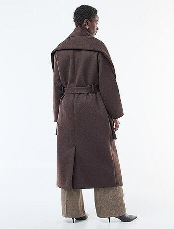 Cappotto lungo effetto lana con collo rotondo e sciarpa cucita