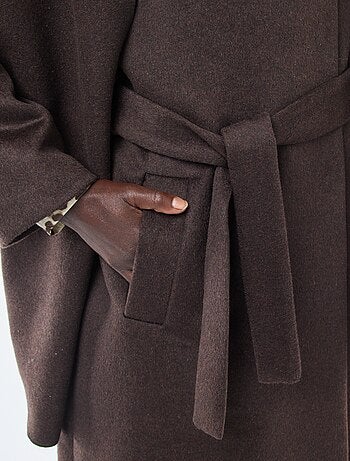 Cappotto lungo effetto lana con collo rotondo e sciarpa cucita